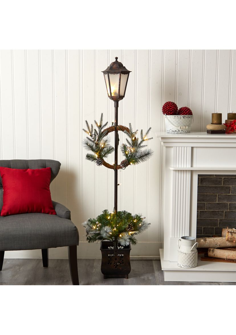 5 Holiday Pre Lit Decorated Lamp Post with Artificial Christmas Greenery and Decorative Container
