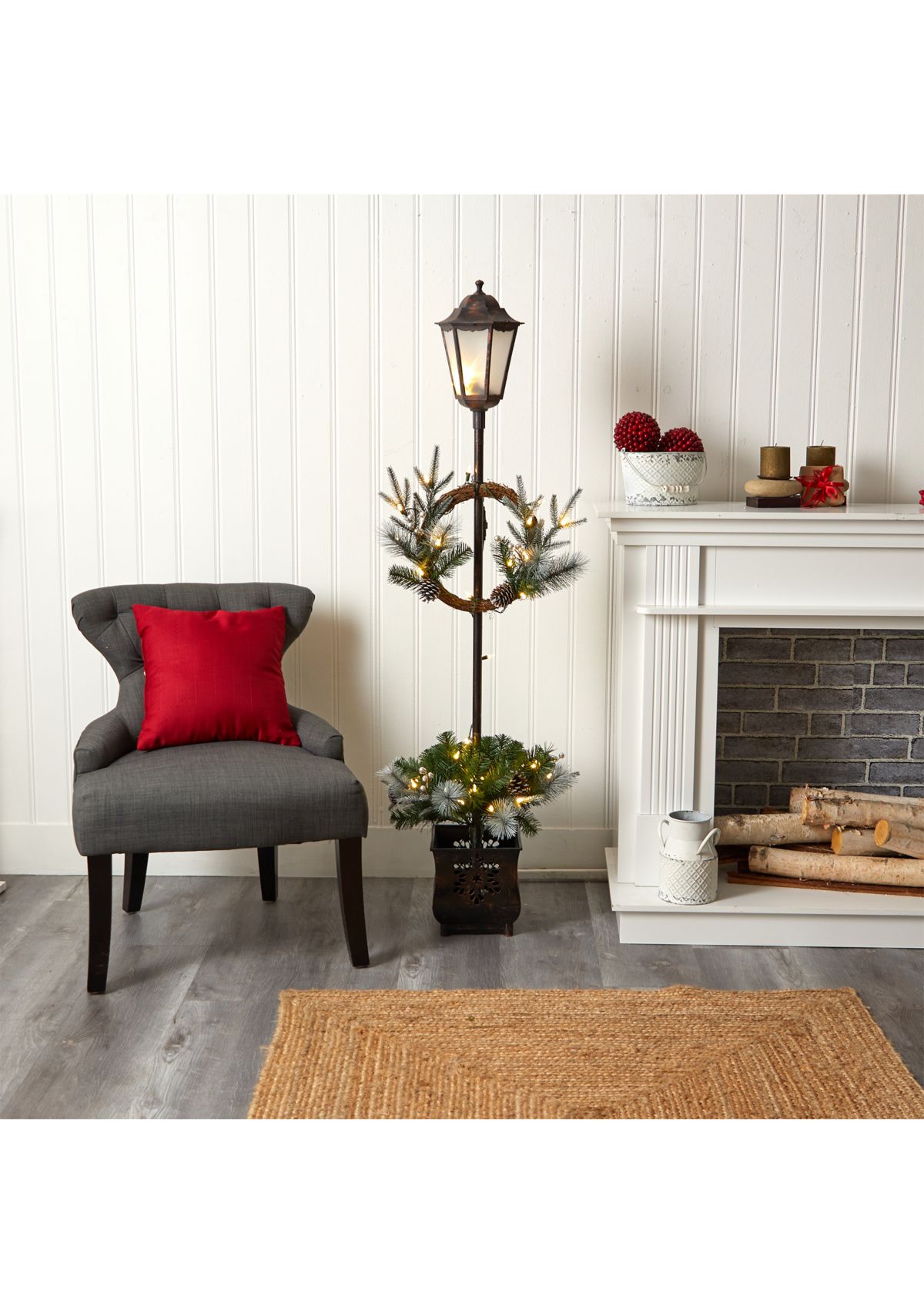 5 Holiday Pre Lit Decorated Lamp Post with Artificial Christmas Greenery and Decorative Container