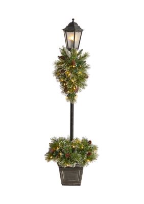 Nearly Natural 5 Foot Holiday Pre-lit Decorated Lamp Post with Artificial Christmas Greenery, Decorative Container and 50 LED Lights Indoor Outdoor