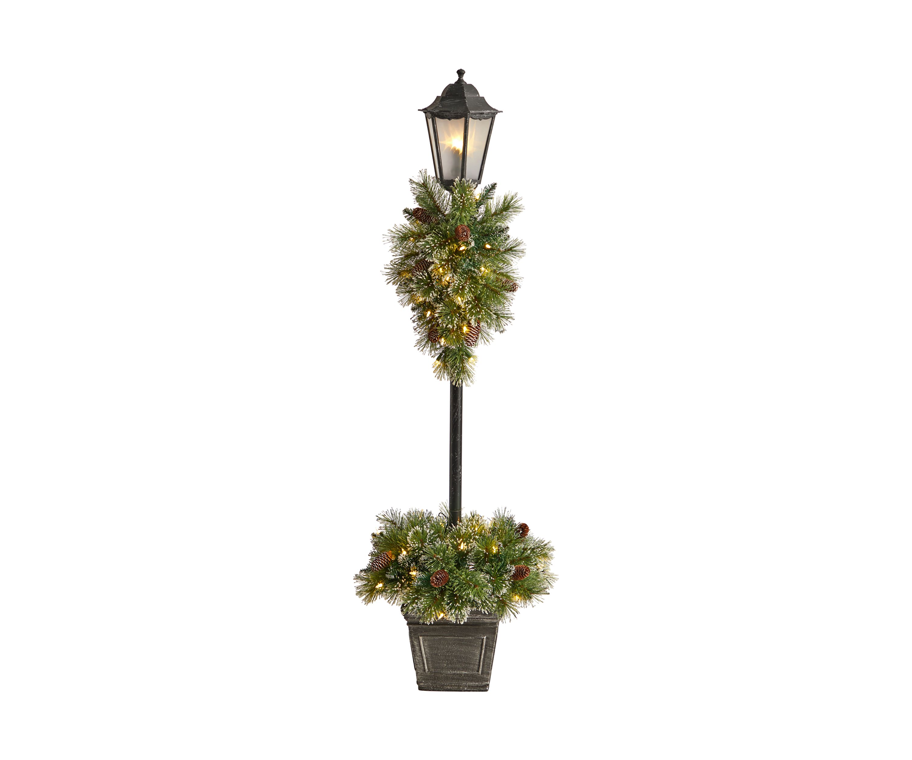 5 Foot Holiday Pre-lit Decorated Lamp Post with Artificial Christmas Greenery, Decorative Container and 50 LED Lights Indoor Outdoor Patio Porch Decor