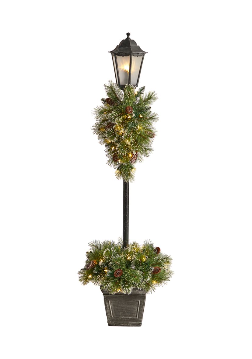 5 Foot Holiday Pre-lit Decorated Lamp Post with Artificial Christmas Greenery, Decorative Container and 50 LED Lights Indoor Outdoor Patio Porch Decor