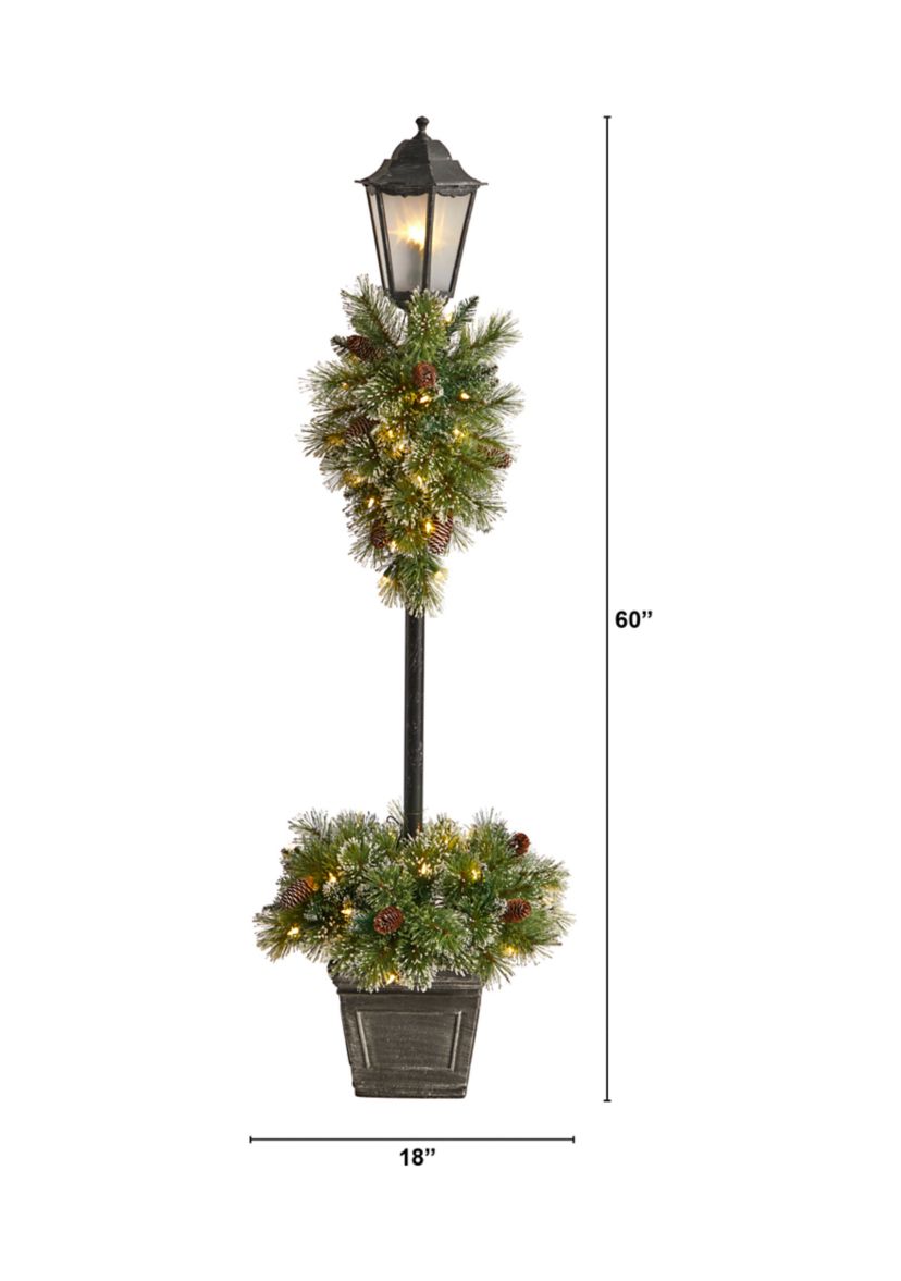 5 Foot Holiday Pre-lit Decorated Lamp Post with Artificial Christmas Greenery, Decorative Container and 50 LED Lights Indoor Outdoor Patio Porch Decor