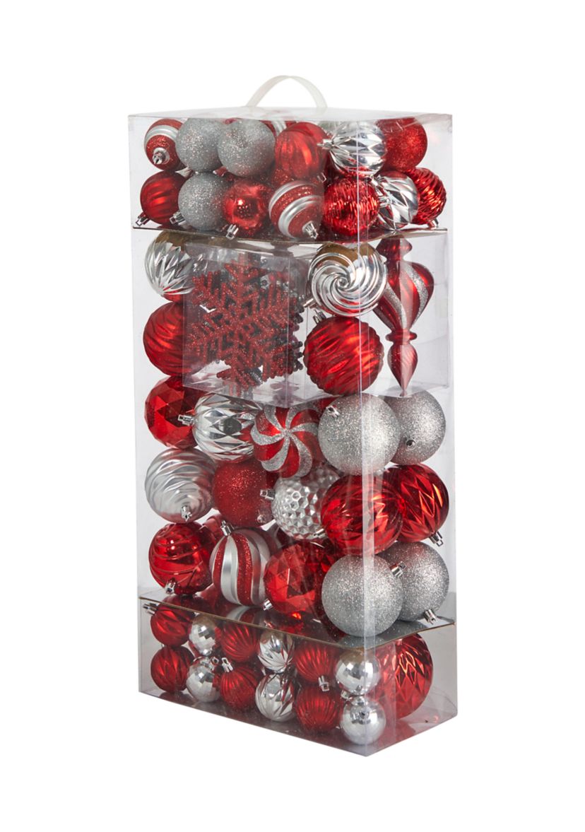 Holiday Deluxe Shatterproof, 81  Count Christmas Tree Ornament Box Set, Re-Useable Container