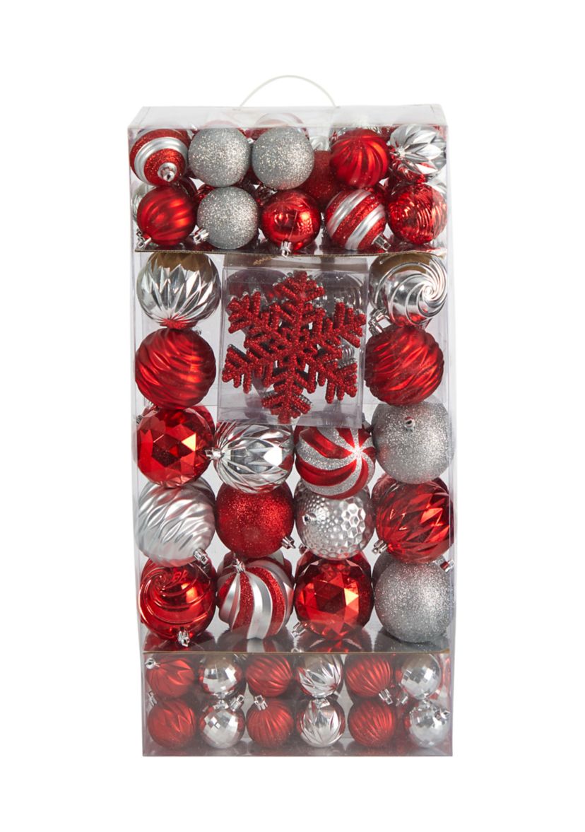 Holiday Deluxe Shatterproof, 81  Count Christmas Tree Ornament Box Set, Re-Useable Container