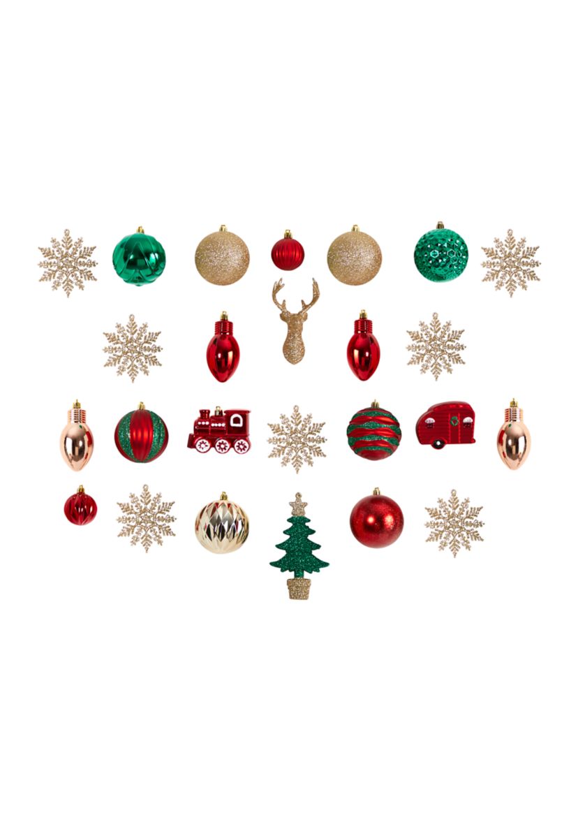 Holiday Deluxe Shatterproof, 25 Count Christmas Tree Ornament Box Set, Re-Useable Container
