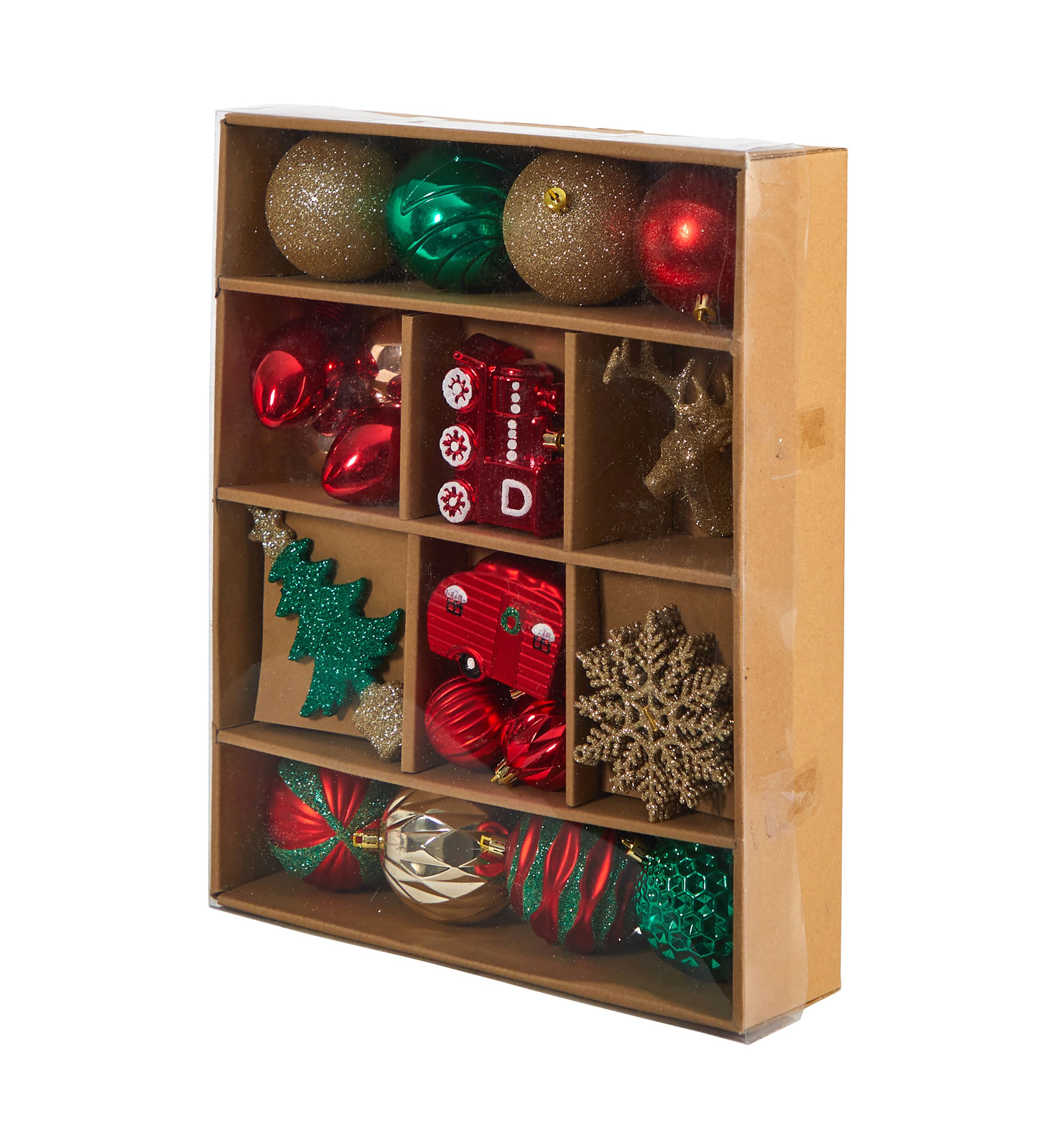 Holiday Deluxe Shatterproof, 25 Count Christmas Tree Ornament Box Set, Re-Useable Container