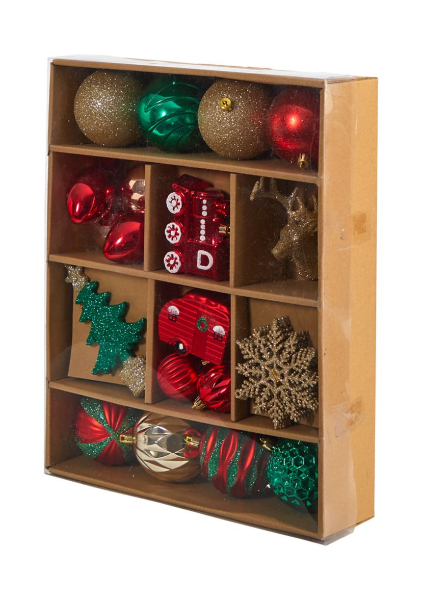 Holiday Deluxe Shatterproof, 25 Count Christmas Tree Ornament Box Set, Re-Useable Container