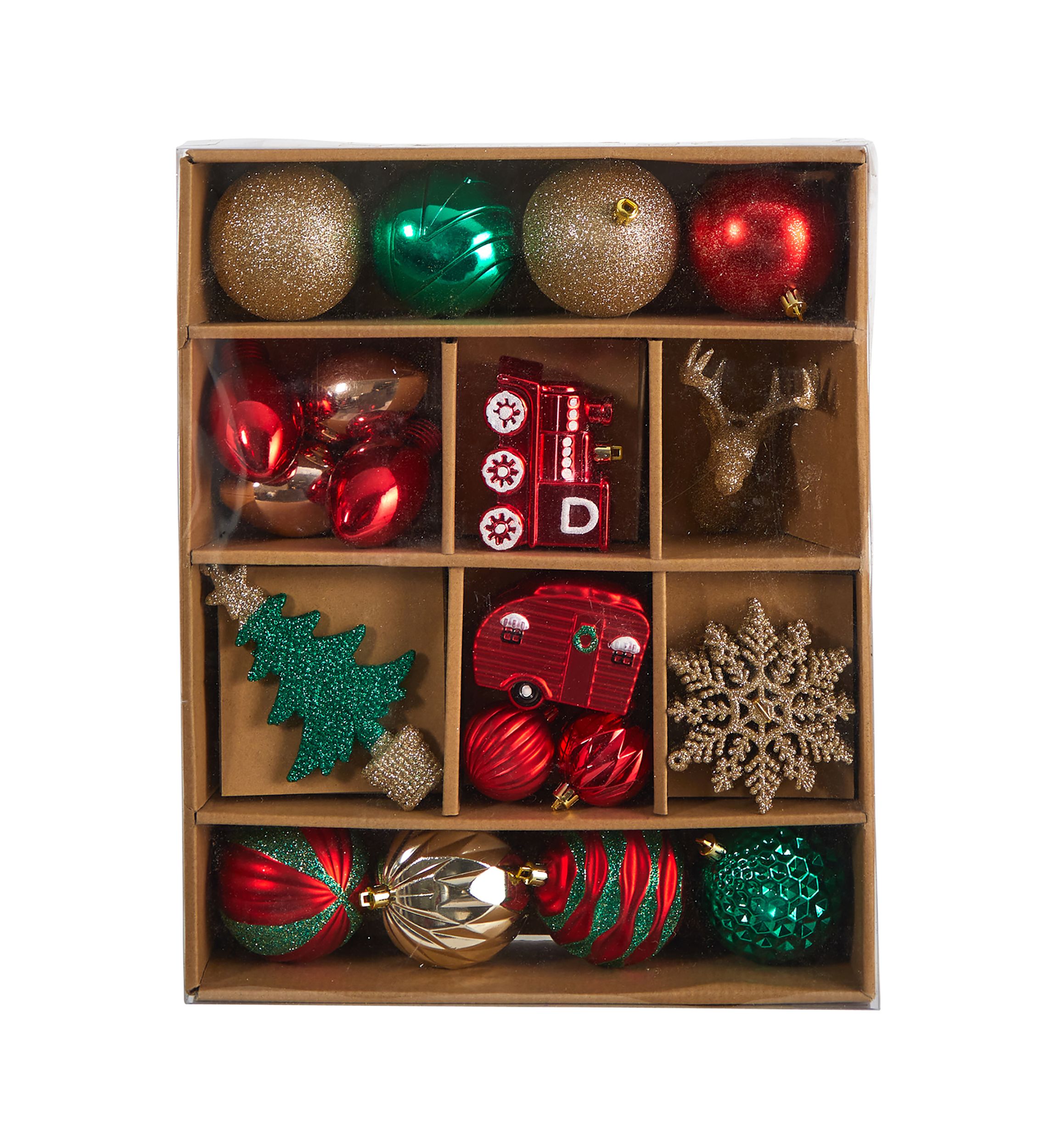 Holiday Deluxe Shatterproof, 25 Count Christmas Tree Ornament Box Set, Re-Useable Container