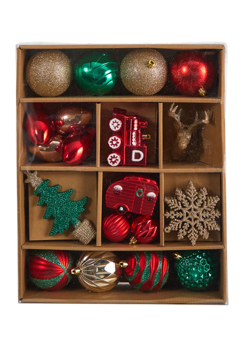Holiday Deluxe Shatterproof, 25 Count Christmas Tree Ornament Box Set, Re-Useable Container