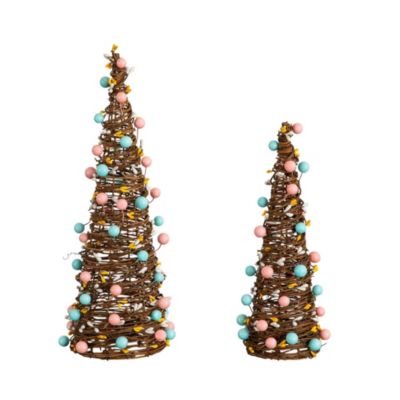 Nearly Natural 12-Inch and 16-Inch Artificial Easter Rattan Cone Trees with Pastel Eggs - Set of 2, Brown
