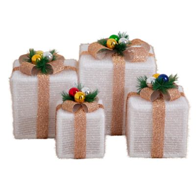Nearly Natural Pre-Lit Christmas Gift Boxes with LED Lights and Festive Gift Toppers - Set of 4, White