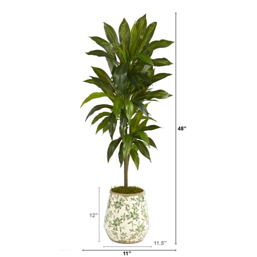 4-Foot Dracaena Artificial Plant in Flower Print Planter (Real Touch)