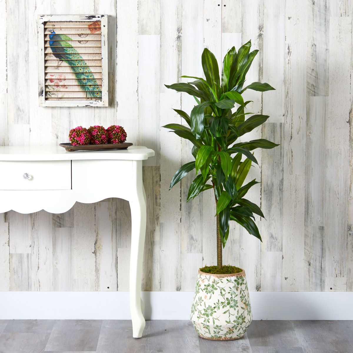 4-Foot Dracaena Artificial Plant in Flower Print Planter (Real Touch)