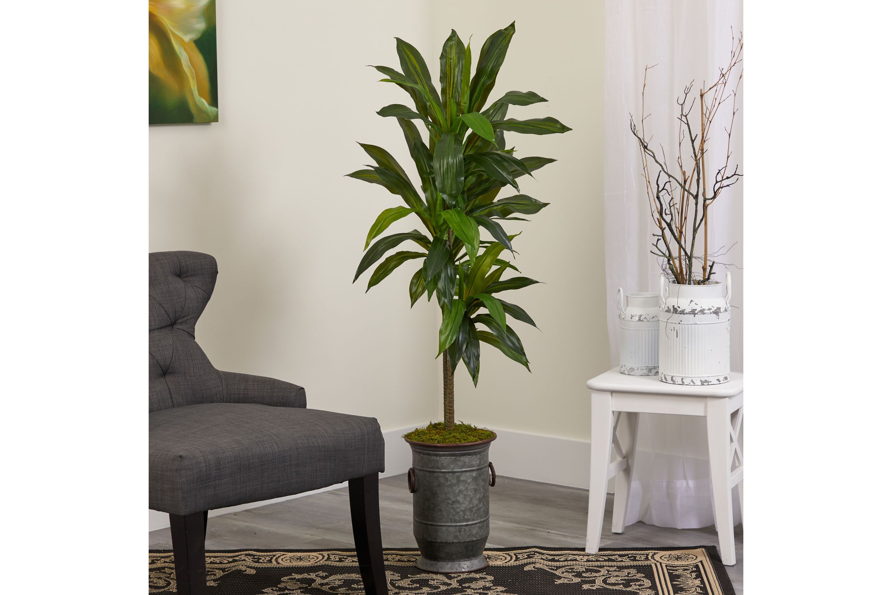 4-Foot Dracaena Artificial Plant in Vintage Metal Planter (Real Touch)
