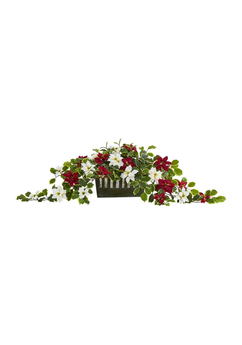 39 Inch Poinsettia and Variegated Holly Artificial Plant in Decorative Planter (Real Touch)