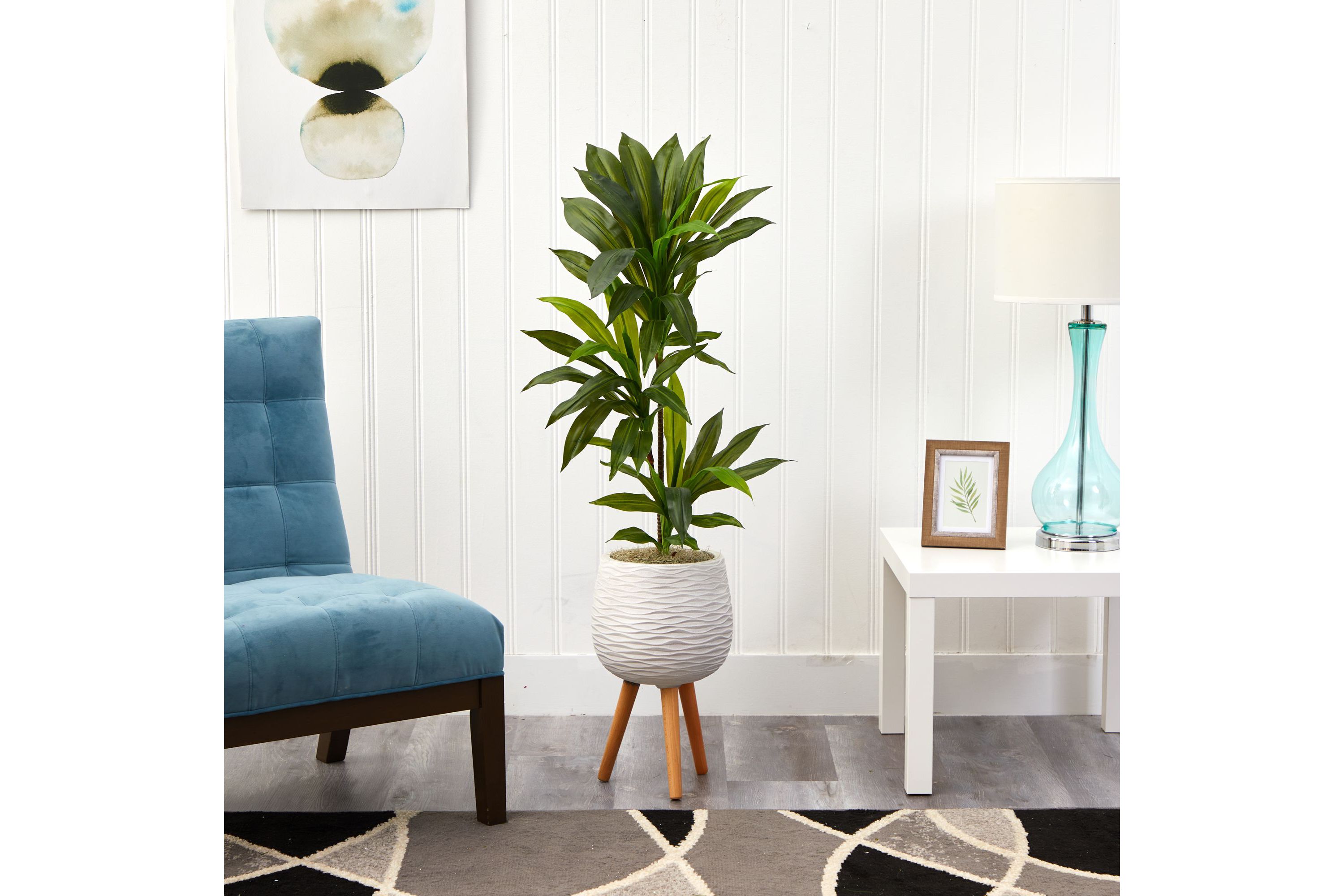 46-Inch Dracaena Artificial Plant in White Planter with Stand (Real Touch)