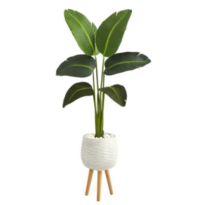 Nearly Natural 5-Foot Travelers Palm Artificial Plant in White Planter with Stand (Real Touch), Green