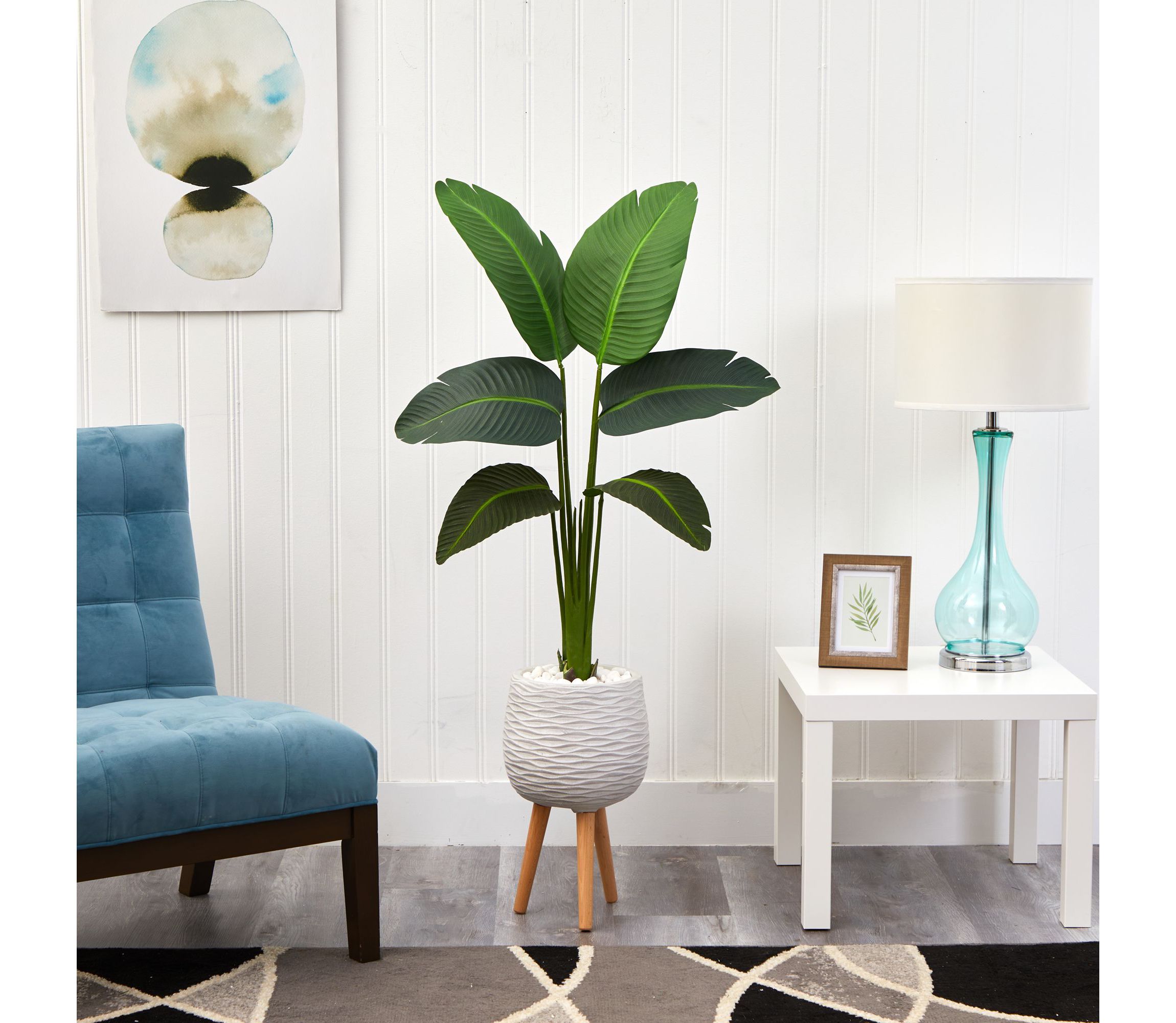 5-Foot Travelers Palm Artificial Plant in White Planter with Stand (Real Touch)