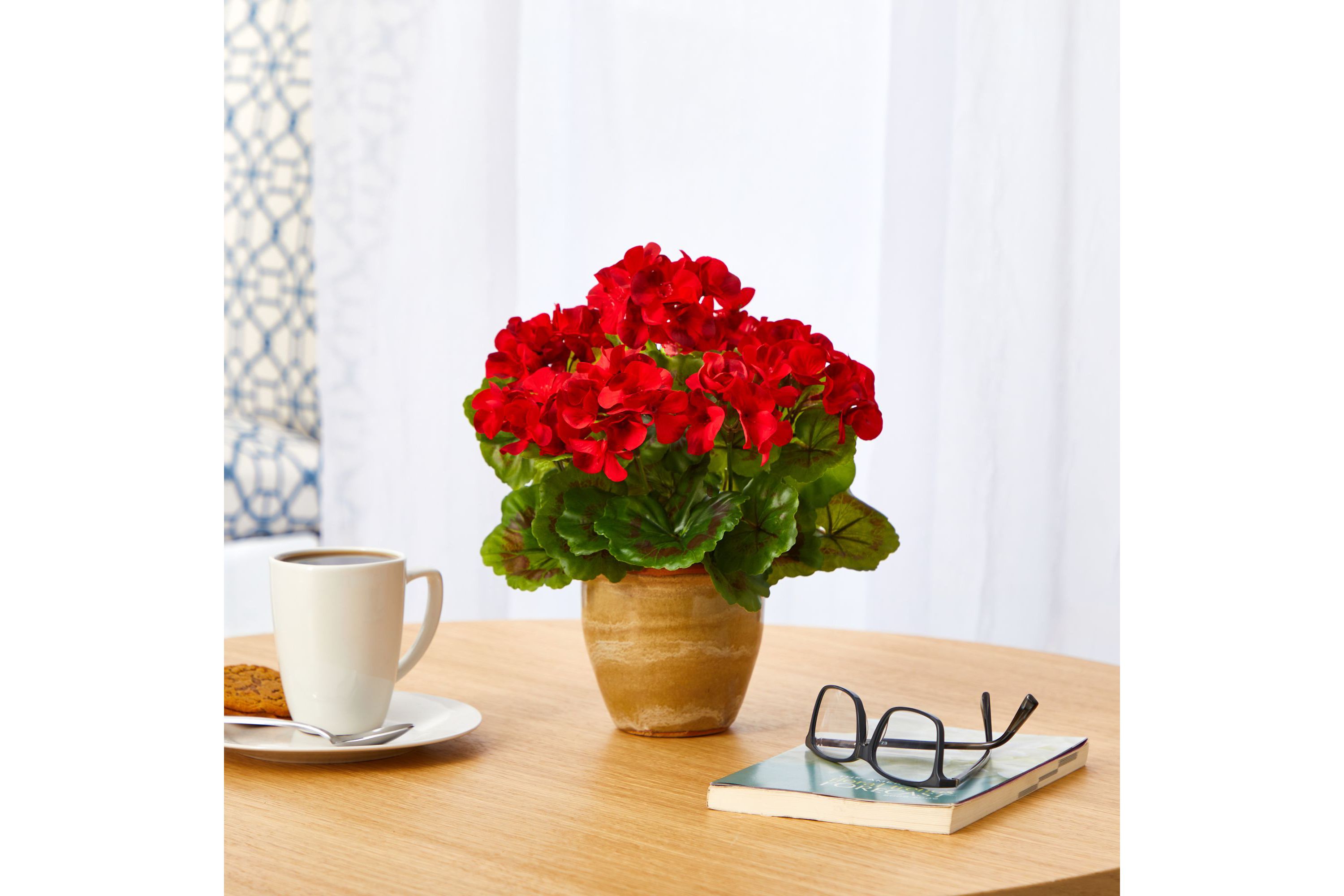 11-Inch Geranium Artificial Plant in Ceramic Planter UV Resistant (Indoor/Outdoor)
