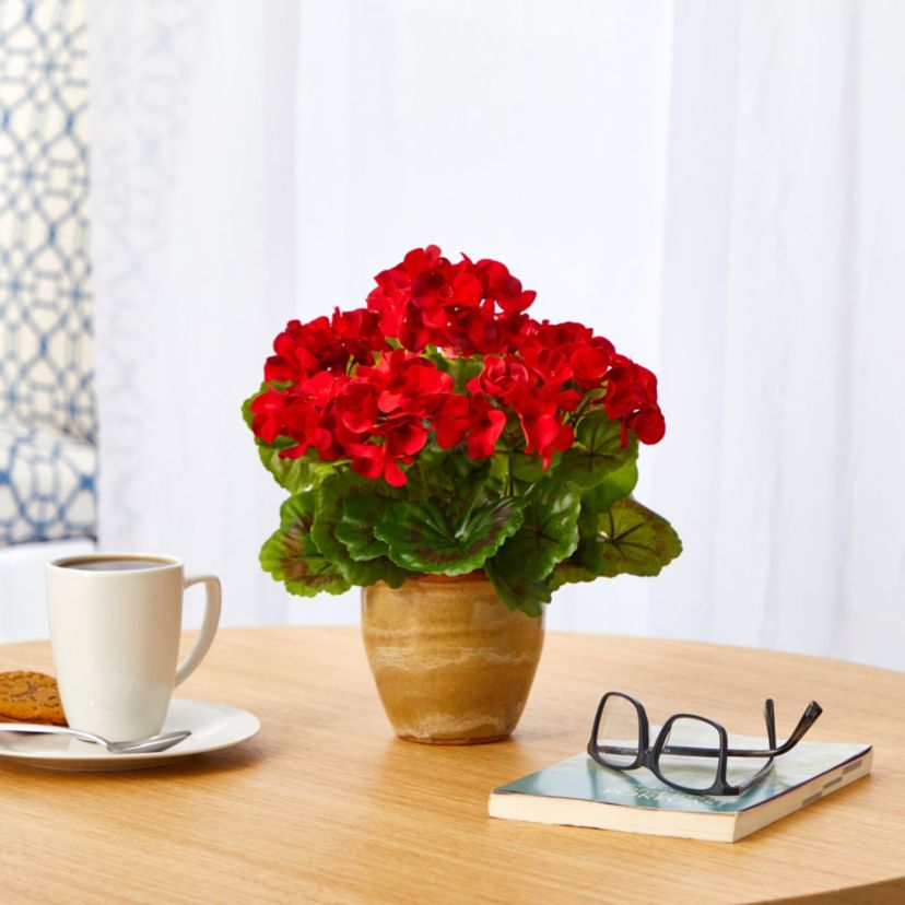 11-Inch Geranium Artificial Plant in Ceramic Planter UV Resistant (Indoor/Outdoor)