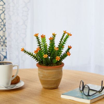 10-Inch Flowering Sedum Succulent Artificial Plant in Ceramic Planter