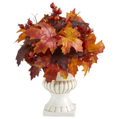 20-Inch Autumn Maple Leaf and Berries Artificial Plant in White Urn