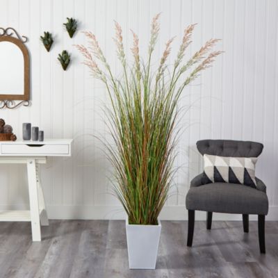 74-Inch Grass Artificial Plant in White Metal Planter