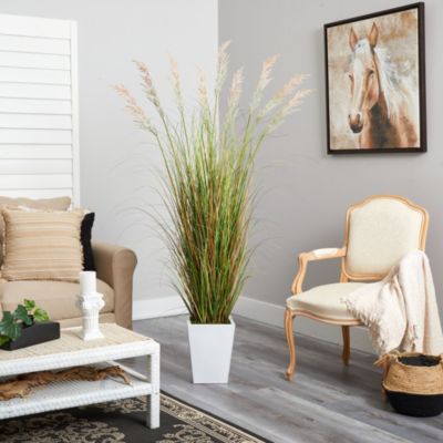 74-Inch Grass Artificial Plant in White Metal Planter