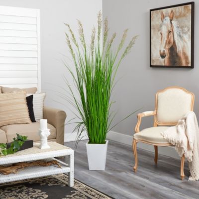 75-Inch Grass Artificial Plant in White Metal Planter