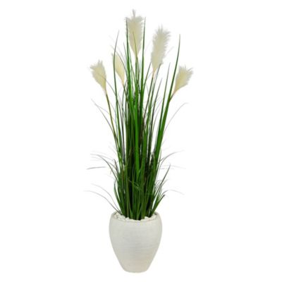 Nearly Natural 4.5-Foot Wheat Plume Grass Artificial Plant in White Planter, Green
