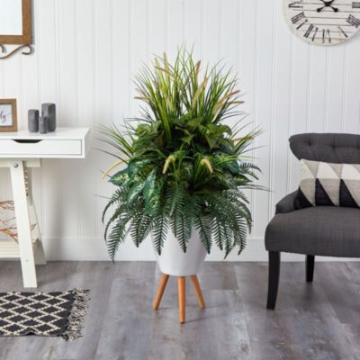 4.5-Foot Mixed Greens Artificial Plant in White Planter with Legs