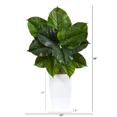 34-Inch Large Philodendron Leaf Artificial Plant in White Metal Planter