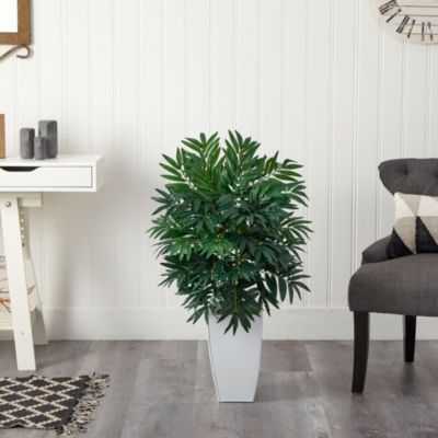 3-Foot Bamboo Palm Artificial Plant in White Metal Planter