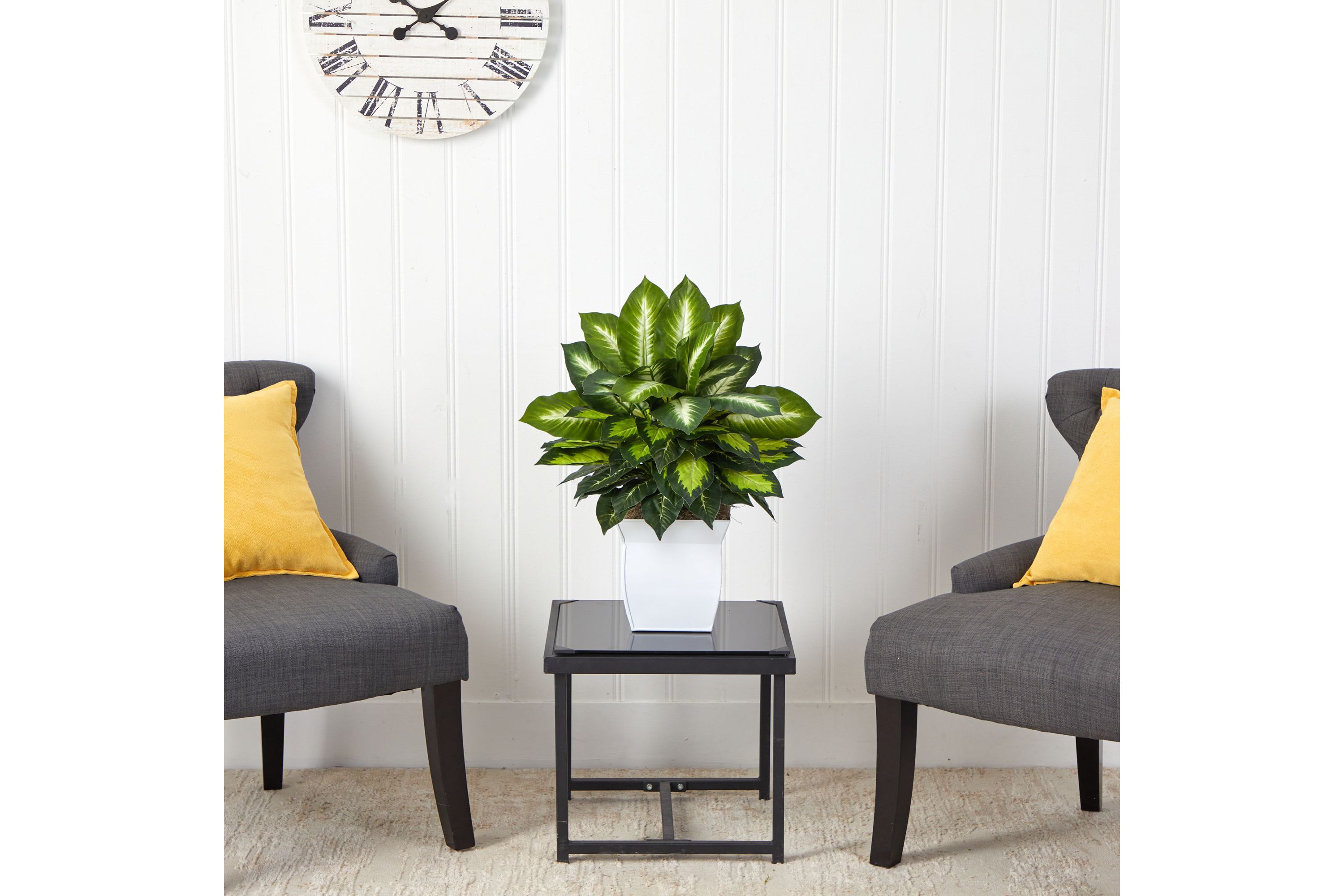 2-Foot Golden Dieffenbachia Artificial Plant in White Metal Planter