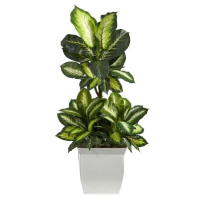 46-Inch Golden Dieffenbachia Artificial Plant in White Metal Planter