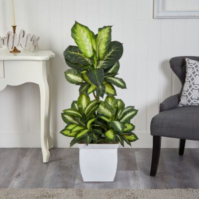 46-Inch Golden Dieffenbachia Artificial Plant in White Metal Planter