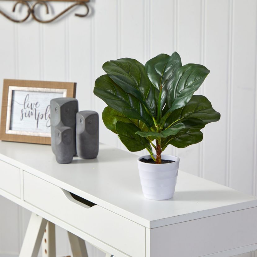11-Inch Fiddle Leaf Artificial Plant in White Planter (Real Touch)