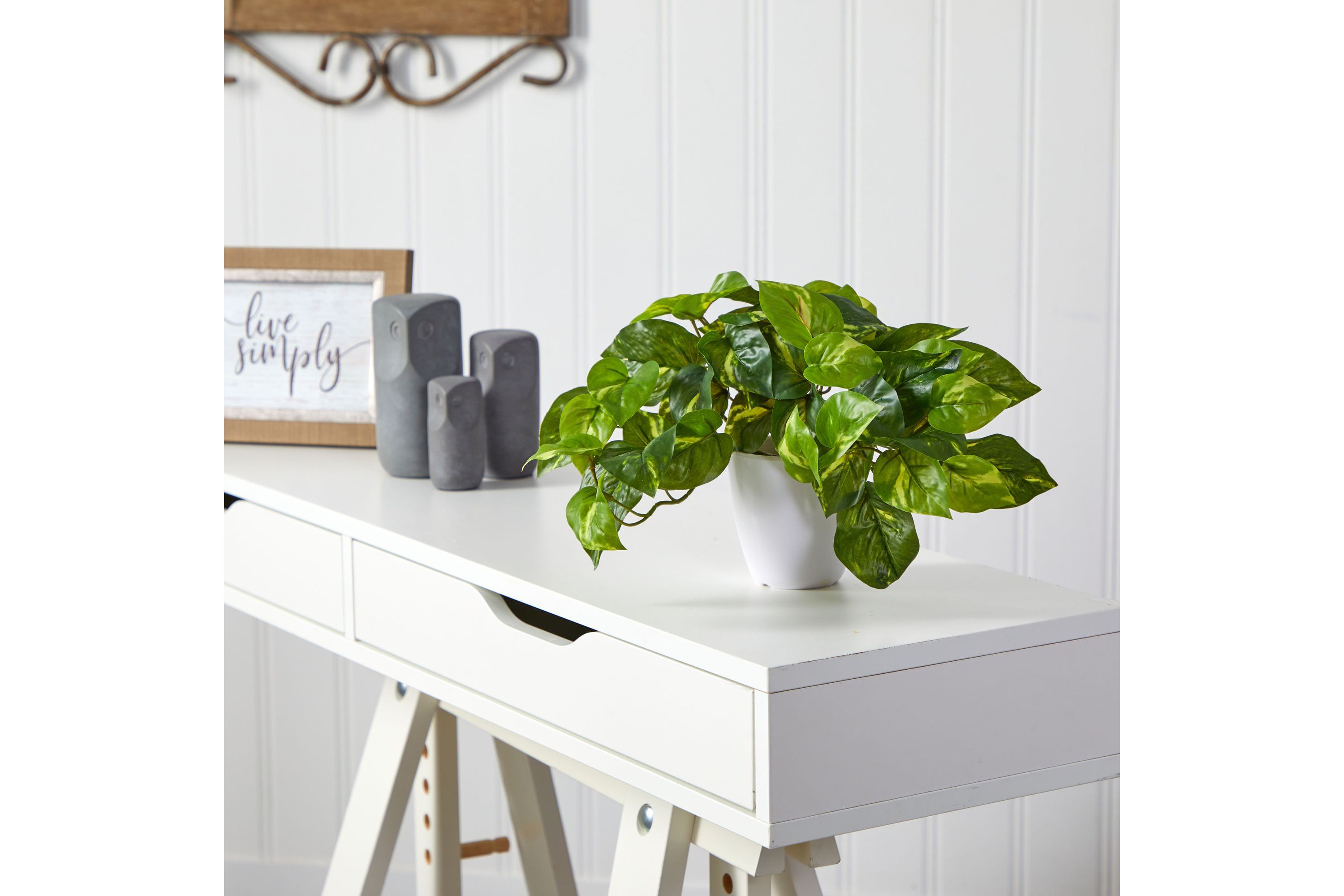 9-Inch Pothos Artificial Plant in White Planter (Real Touch)