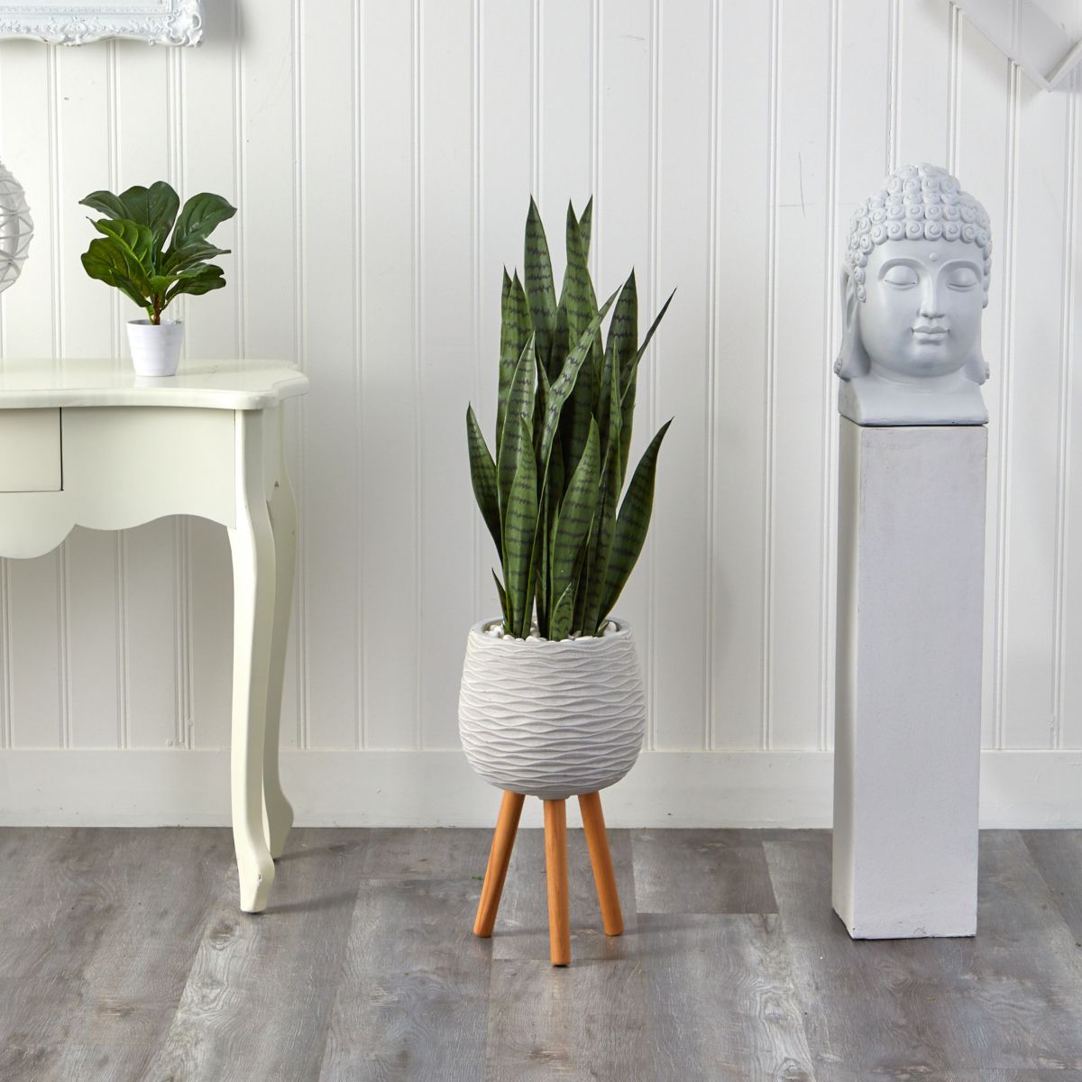 46-Inch Sansevieria Artificial Plant in White Planter with Stand