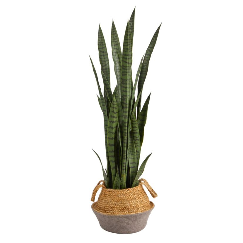 46-Inch Sansevieria Artificial Plant in Boho Chic Handmade Cotton and Jute Gray Woven Planter