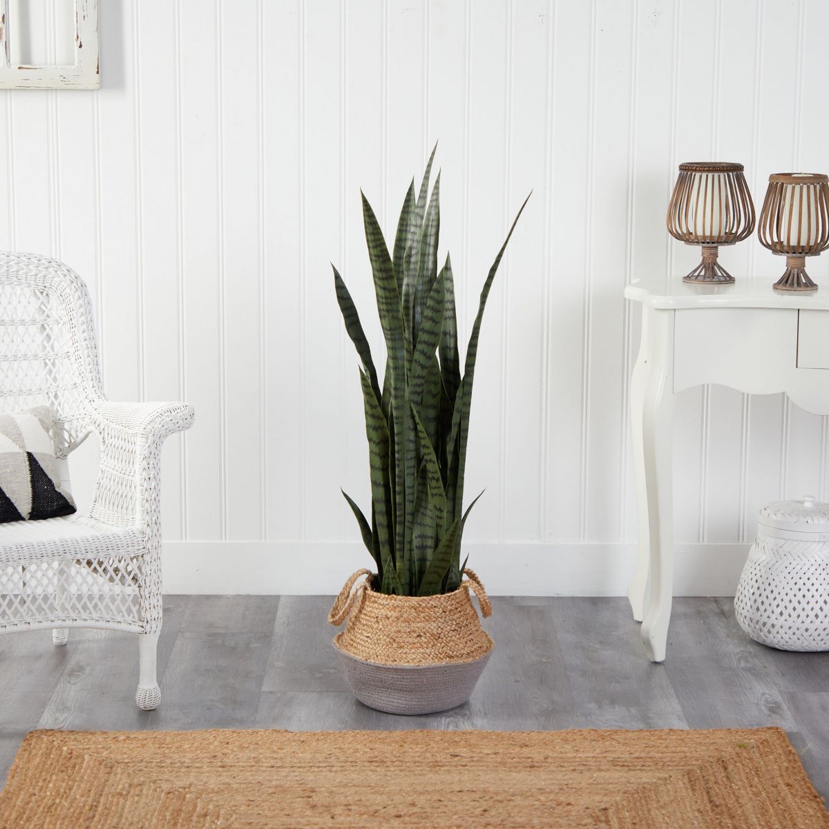 46-Inch Sansevieria Artificial Plant in Boho Chic Handmade Cotton and Jute Gray Woven Planter
