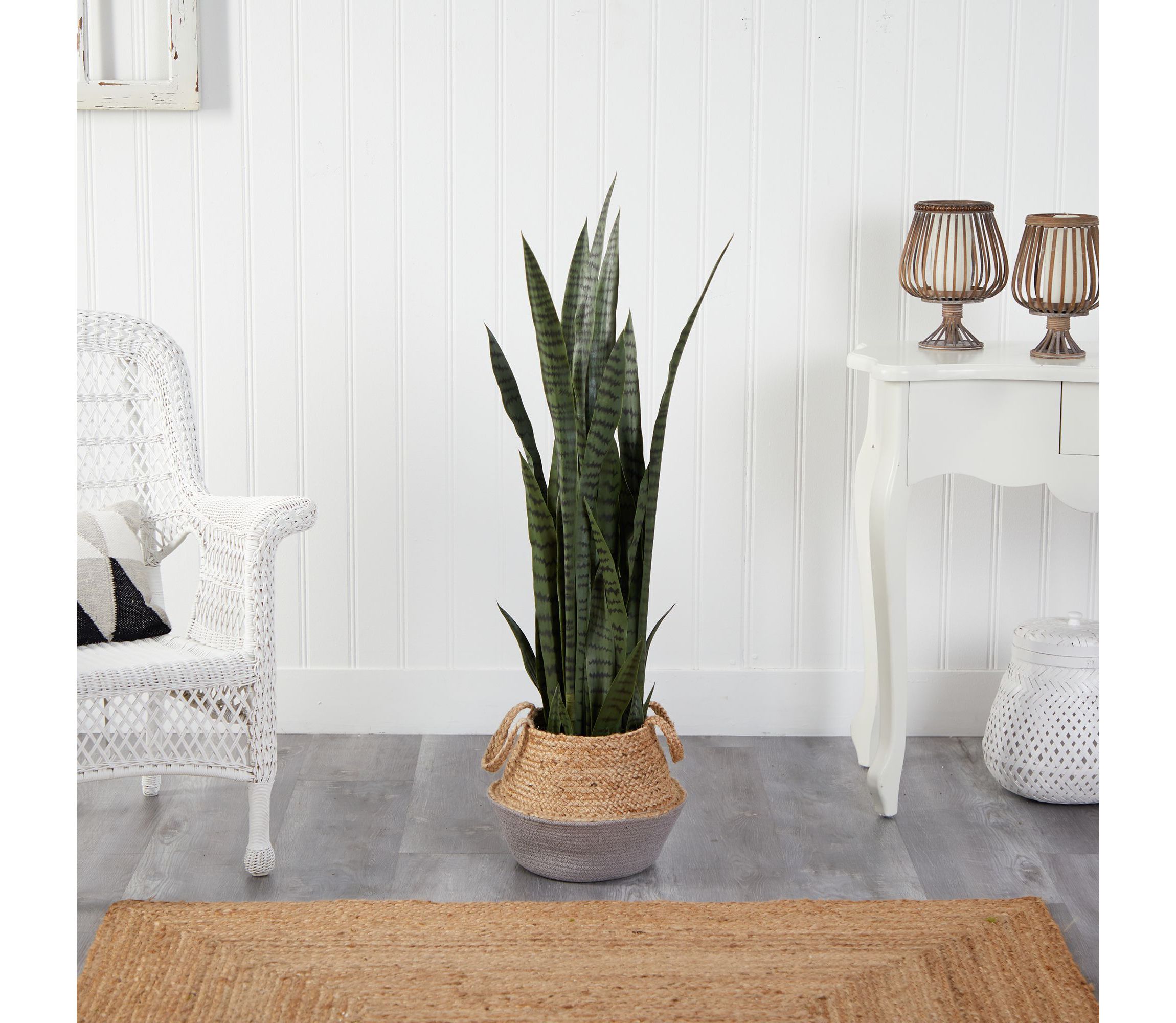 46-Inch Sansevieria Artificial Plant in Boho Chic Handmade Cotton and Jute Gray Woven Planter