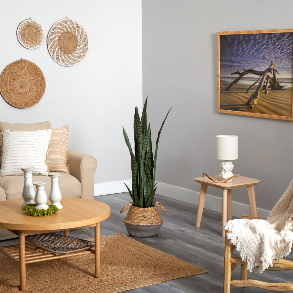 46-Inch Sansevieria Artificial Plant in Boho Chic Handmade Cotton and Jute Gray Woven Planter