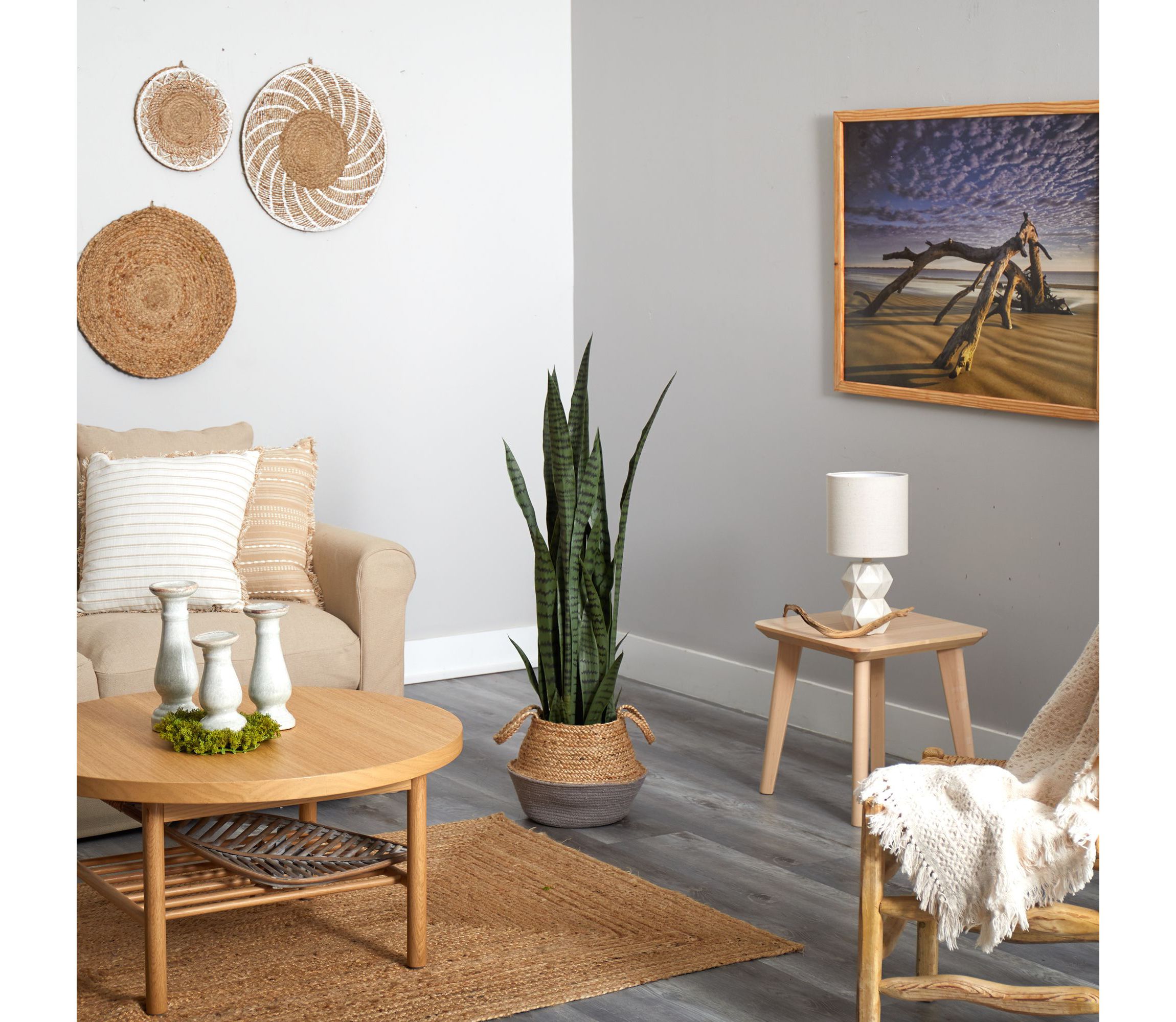 46-Inch Sansevieria Artificial Plant in Boho Chic Handmade Cotton and Jute Gray Woven Planter