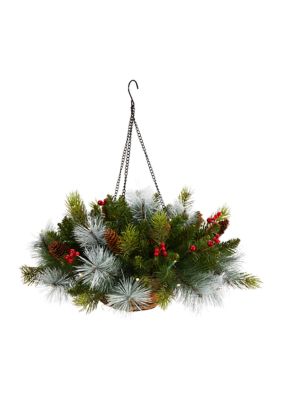 Nearly Natural 24 inch Holiday Pre-Lit (30 LED Lights) Pine and Berries Artificial Christmas Hanging Basket, Indoor Outdoor Patio Porch Decor