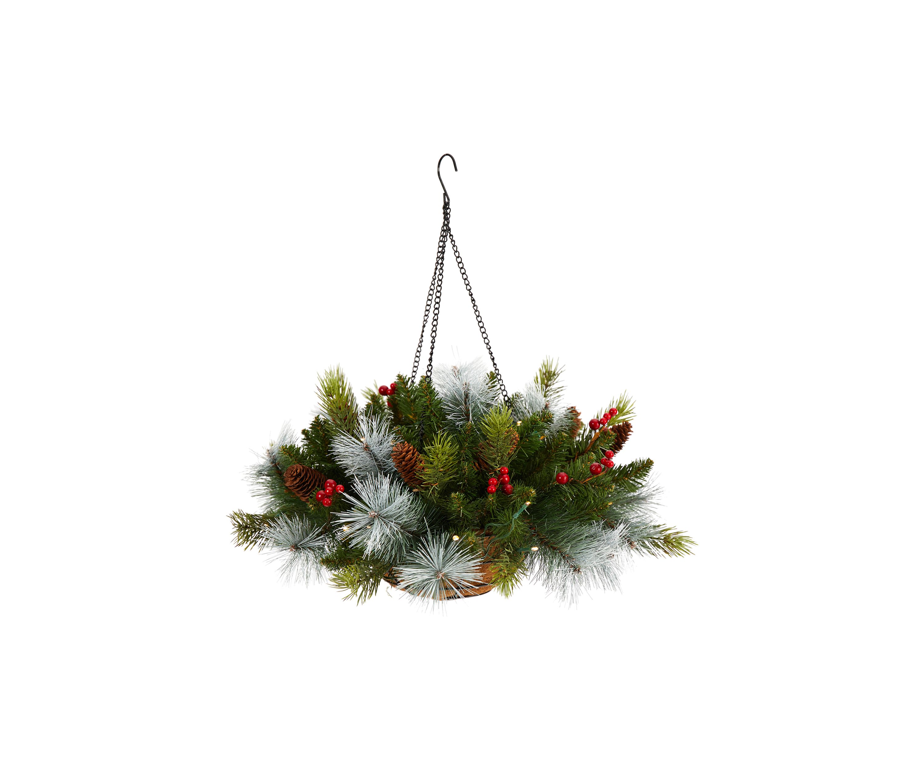 24 inch Holiday Pre-Lit (30 LED Lights) Pine and Berries Artificial Christmas Hanging Basket, Indoor Outdoor Patio Porch Decor