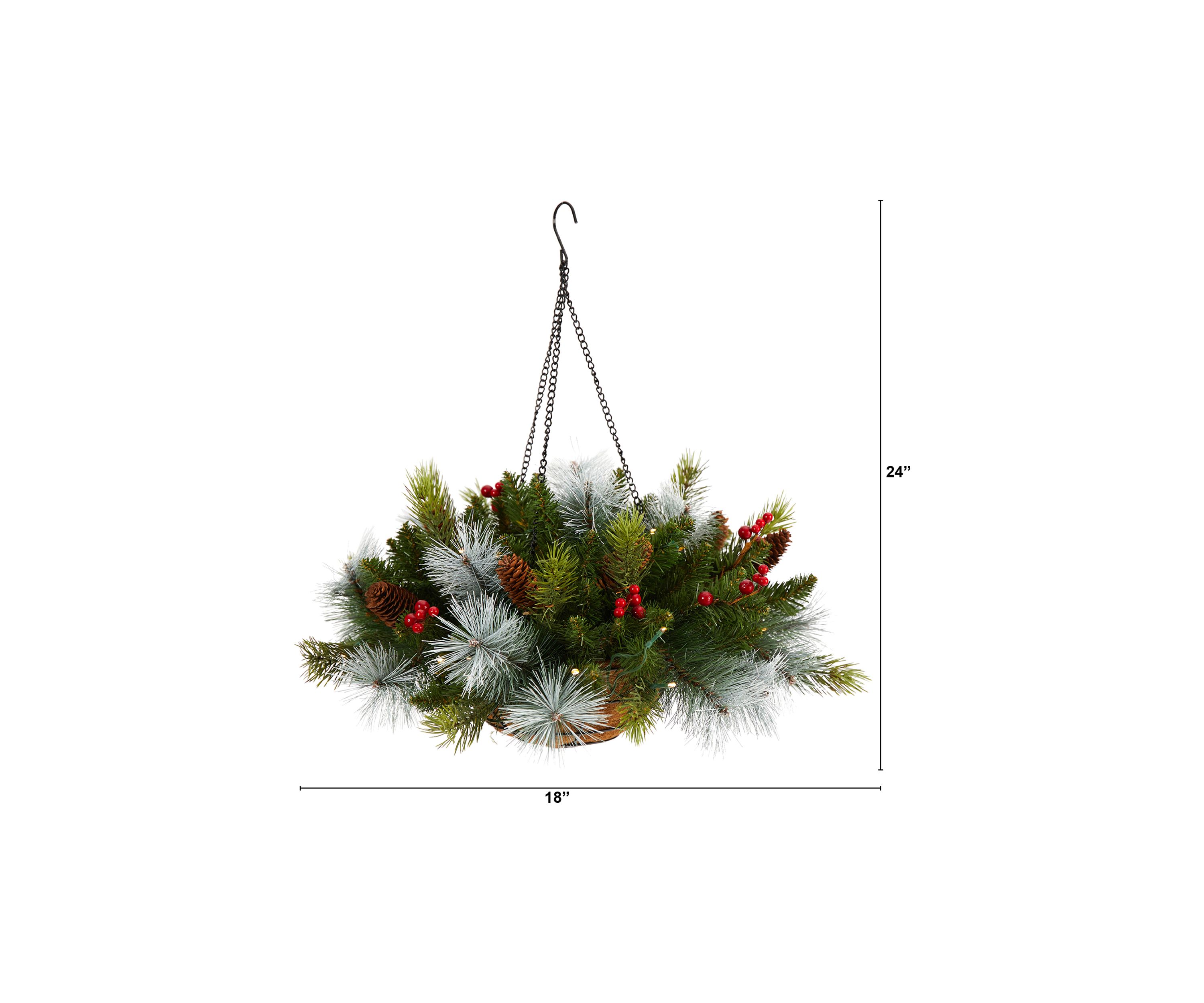 24 inch Holiday Pre-Lit (30 LED Lights) Pine and Berries Artificial Christmas Hanging Basket, Indoor Outdoor Patio Porch Decor