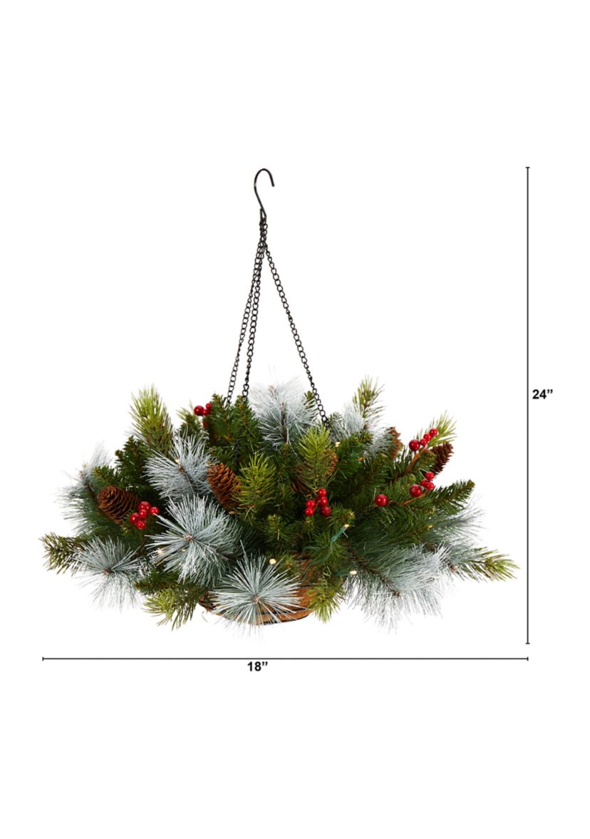 24 inch Holiday Pre-Lit (30 LED Lights) Pine and Berries Artificial Christmas Hanging Basket, Indoor Outdoor Patio Porch Decor