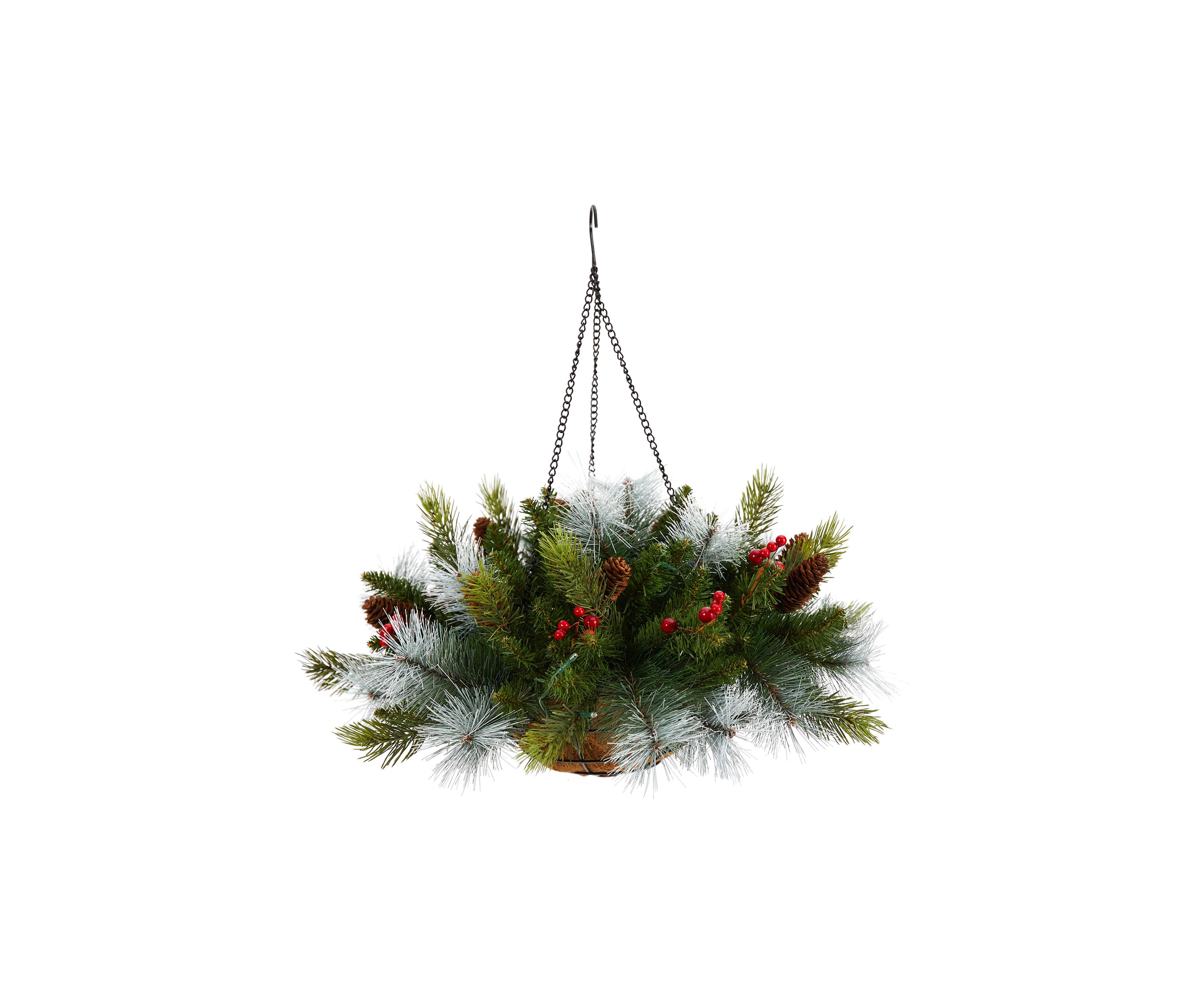 24 inch Holiday Pre-Lit (30 LED Lights) Pine and Berries Artificial Christmas Hanging Basket, Indoor Outdoor Patio Porch Decor