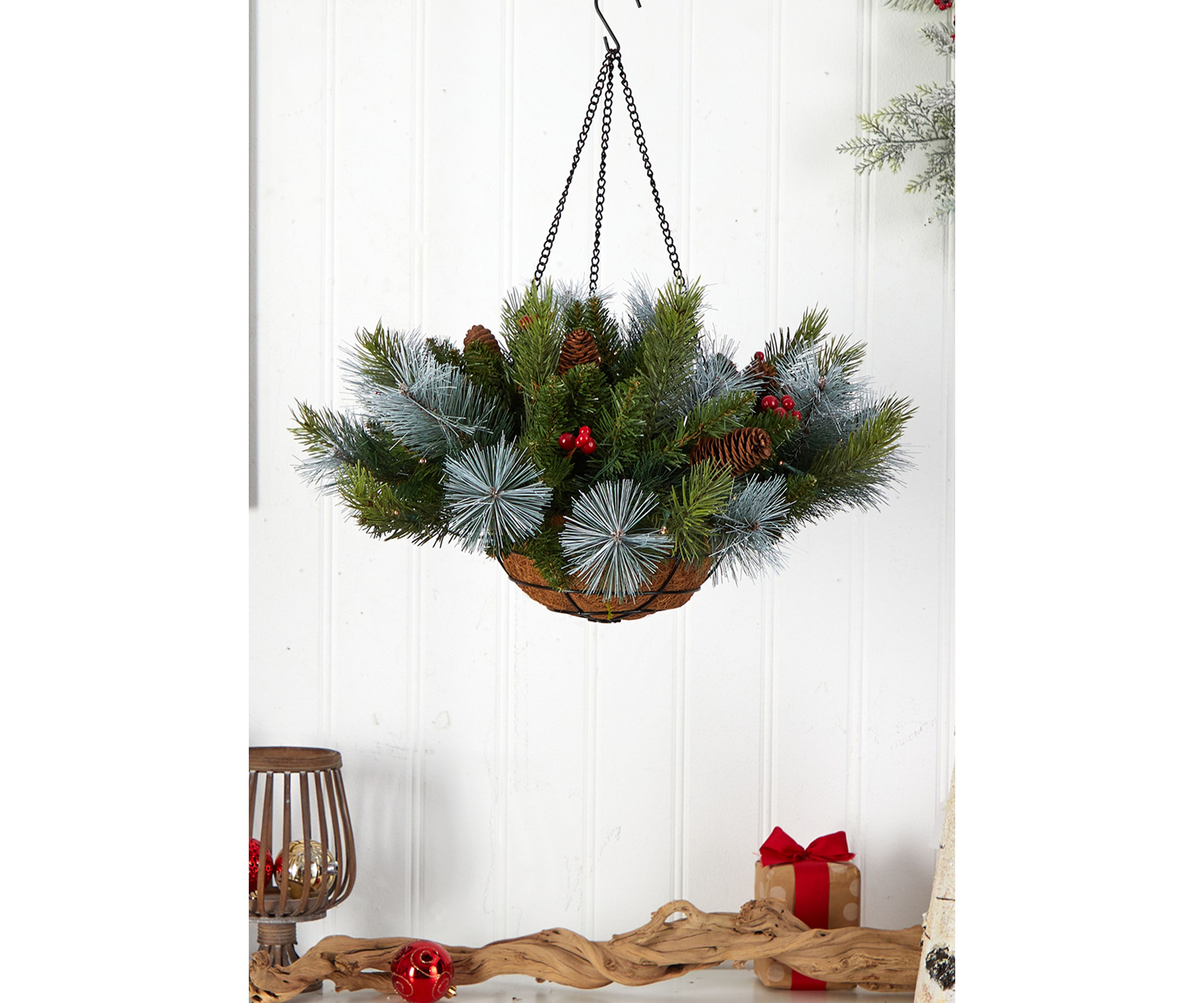 24 inch Holiday Pre-Lit (30 LED Lights) Pine and Berries Artificial Christmas Hanging Basket, Indoor Outdoor Patio Porch Decor